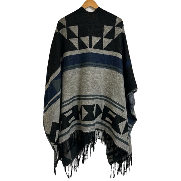 Boho Aztec Print Woven Blanket Kimono Wrap Cardigan Black/Grey/Blue - Picture 6 of 9
